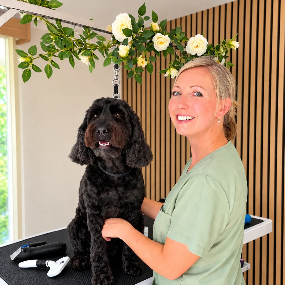 Lisa grooming a dog in the studio, smiling at the camera.