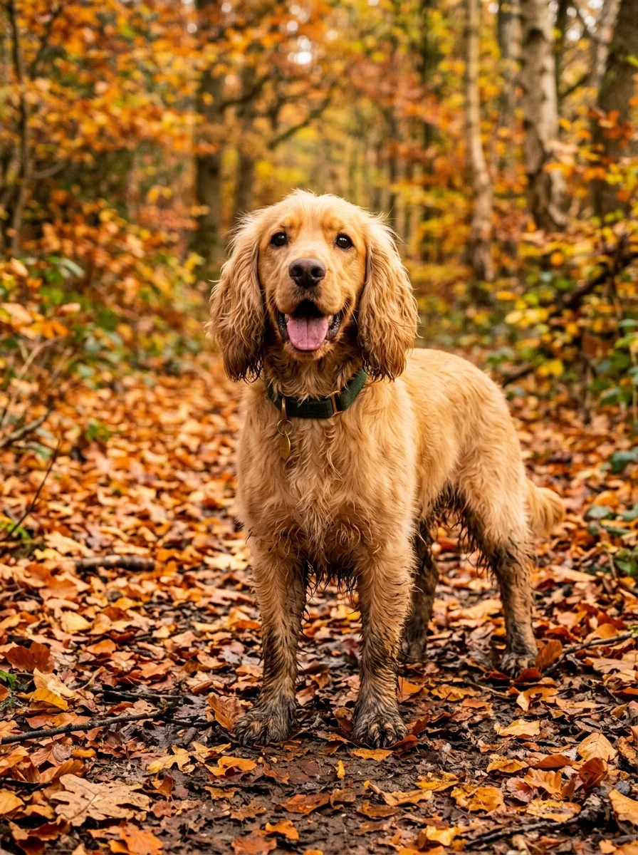 Happy Cocker Spaniel with muddy paws in autumn leaves