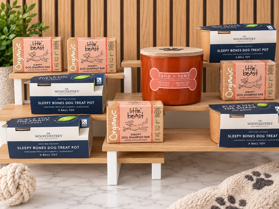 Natural treats, organic shampoo bars, and dog toys available at Cwtch Groom Studio